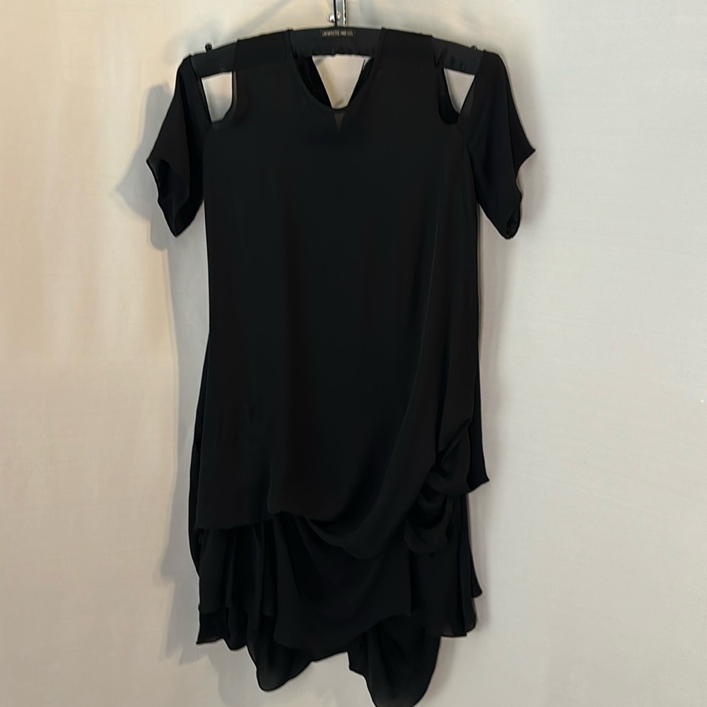 Morgane Le Fay, black 100% silk dress Size Small Cold Shoulder